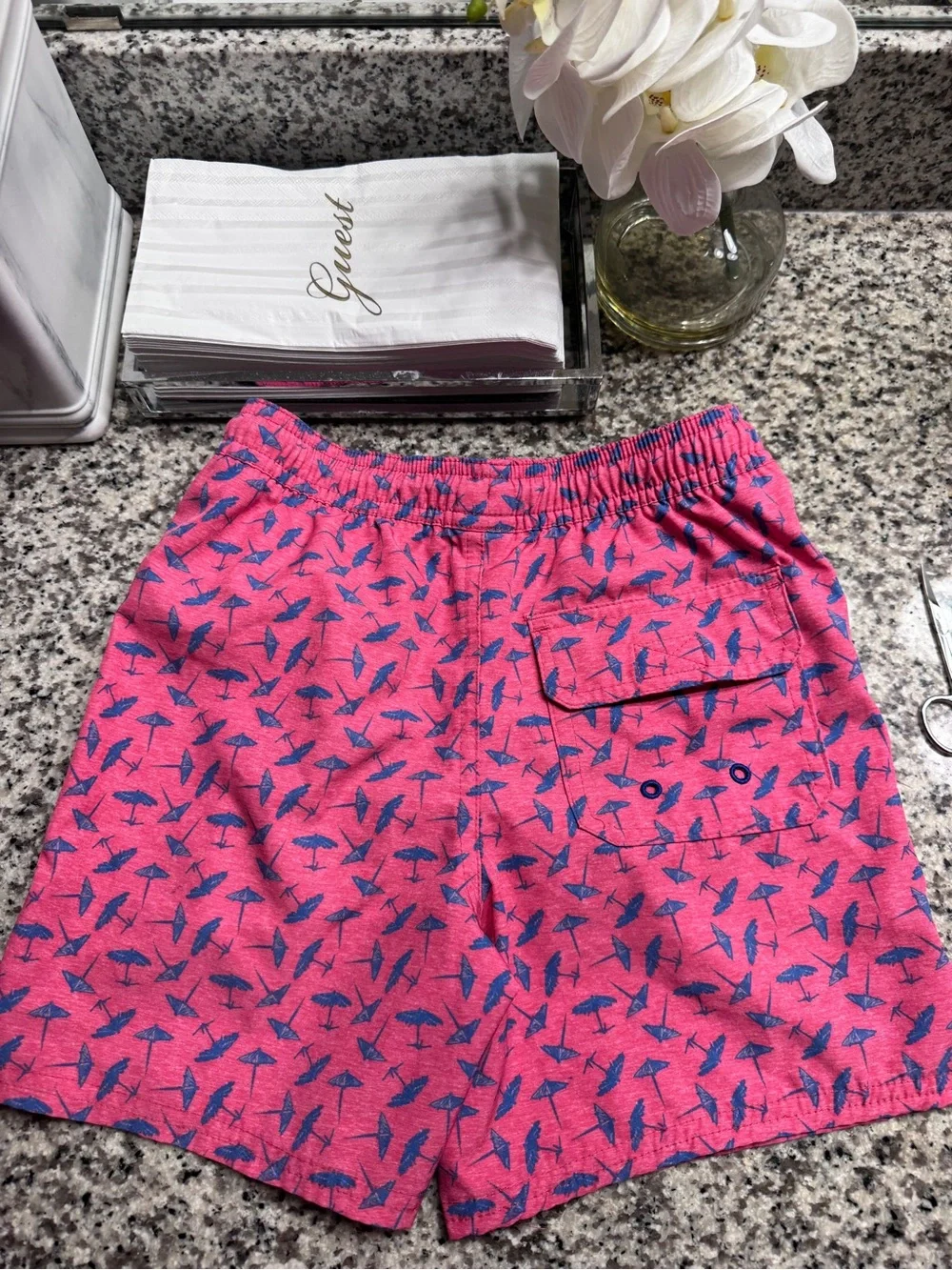 Vineyard Vines Pink & Blue Feather-Print Kids Swim Trunks